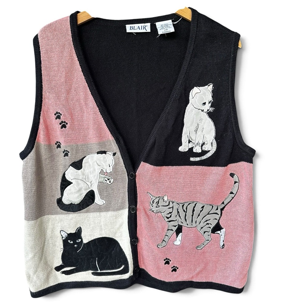 Vintage Blair Boutique Knit Cat Lady Kitty Sweater Vest Colorblock Grandmacore L